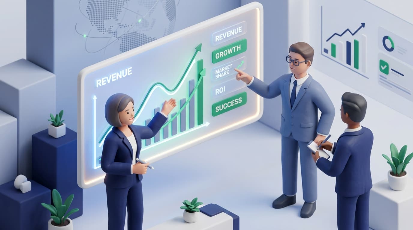 Business leaders consulting around revenue growth whiteboard in 3D clay aesthetic
